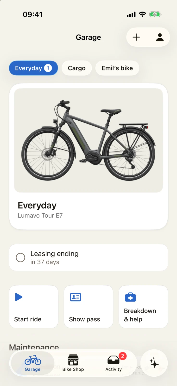 GoBike app: Garage with every bike in the household, a leasing reminder and quick access to ride, pass and breakdown help