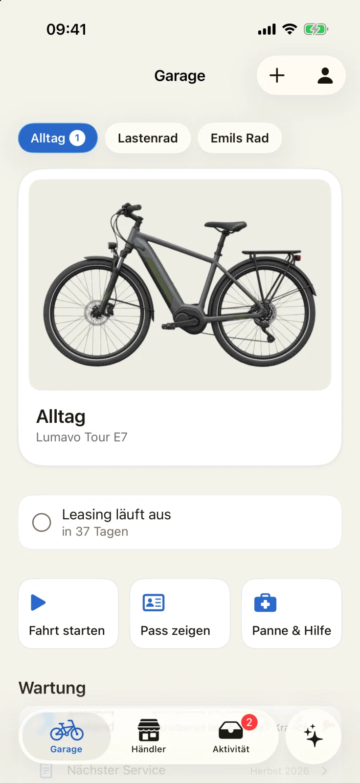 GoBike-App: Garage mit allen Rädern des Haushalts, Leasing-Hinweis und Schnellzugriff auf Fahrt, Pass und Pannenhilfe