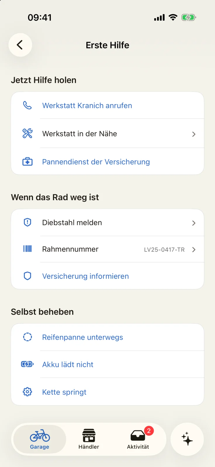 GoBike-App: Erste Hilfe mit Werkstatt anrufen, Werkstatt in der Nähe, Pannendienst der Versicherung, Diebstahl melden, Rahmennummer, Reifenpanne, Akku lädt nicht und Kette springt